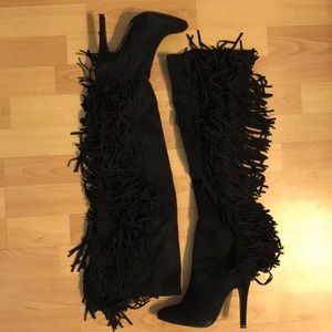 Knee High Fringe Black Suede Stiletto